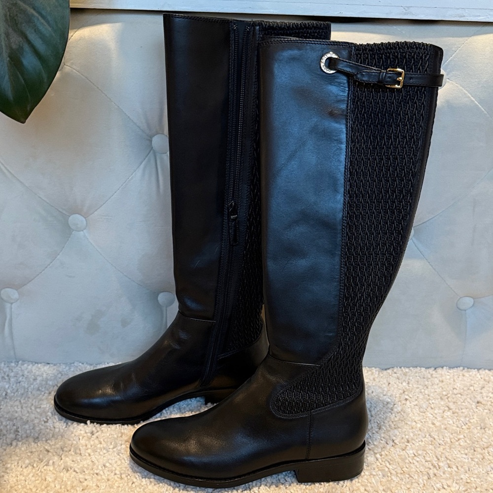 Cole Haan black boots knee high leather 7 women’s like new buckle zipper flat